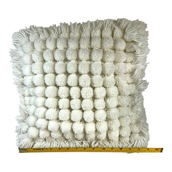Vintage BOHO Handmade White Pom Pom Pillow Cushion Throw Fringe Cottage Core - Picture 3 of 6